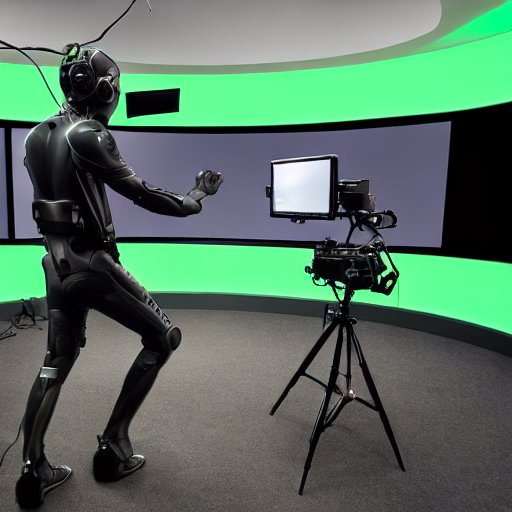 Ein Studio mit Motion‑Capture‑Rig, in dem ein professioneller Schauspieler in einem Sensoranzug vor einem Greenscreen steht, während ein Kamerasystem seine Bewegungen erfasst. Ein Regisseur mit Headset zeigt auf einen Monitor, und die Silhouette d…