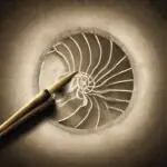 Nahaufnahme eines goldenen Spirals auf Pergament, daneben ein Federkiel und eine Tintenflasche, warmes Kerzenlicht beleuchtet die elegante Darstellung von Pi, mit antiken mathematischen Symbolen im Hintergrund und einem leichten Glühen am Federkiel.