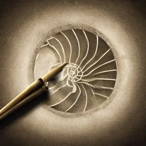 Nahaufnahme eines goldenen Spirals auf Pergament, daneben ein Federkiel und eine Tintenflasche, warmes Kerzenlicht beleuchtet die elegante Darstellung von Pi, mit antiken mathematischen Symbolen im Hintergrund und einem leichten Glühen am Federkiel.
