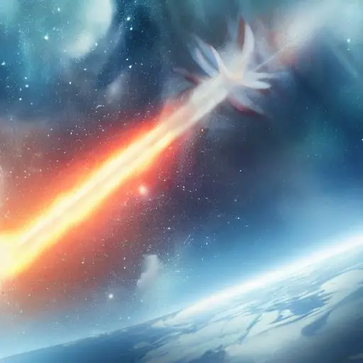 Rakete hebt von Startrampe ab, feurige Triebwerke erzeugen Auftrieb, während Gas nach unten gedrückt wird, was die Gegenkraft zwischen Rakete und Erde visualisiert.