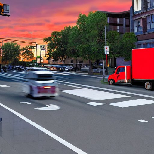 Ein belebter Stadtkreuzung bei Dämmerung: ein roter Lieferwagen steht an einer Stoppschild, die Räder leicht gedreht, während ein Radfahrer vorbeifährt. Ein Fußgänger überquert die Straße, die Ampel leuchtet gelb, und ein Werbebanner für ein neues…