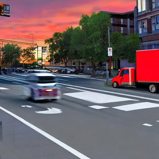 Ein belebter Stadtkreuzung bei Dämmerung: ein roter Lieferwagen steht an einer Stoppschild, die Räder leicht gedreht, während ein Radfahrer vorbeifährt. Ein Fußgänger überquert die Straße, die Ampel leuchtet gelb, und ein Werbebanner für ein neues…