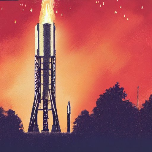 Ein spektakulärer Weltraumstart bei Dämmerung: ein hoher Raketenstart auf dem Startrampen, dessen Motoren leuchten, orange-weiße Flammen steigen in den dunklen Himmel, Zuschauer im Vordergrund halten Schilder, die Reflexion des Ausstoßes im Wasser…