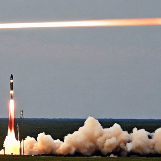 Schwarze Rakete mit weißen Streifen startet von der Rampe in den klaren Himmel; orangefarbener Horizont und Rauchwolken visualisieren enorme Schubkraft und Beschleunigung.