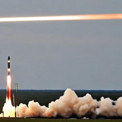 Schwarze Rakete mit weißen Streifen startet von der Rampe in den klaren Himmel; orangefarbener Horizont und Rauchwolken visualisieren enorme Schubkraft und Beschleunigung.