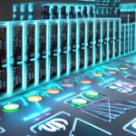 Serverrack mit modernen Proxmox-Servern, beleuchtet von LED-Indikatoren, über dem ein schwebendes LXC-Container-Icon steht, umgeben von Codefragmenten und Netzwerkdiagrammen, reflektiert ein Terminalfenster, im Hintergrund ein dunkles, minimalisti…