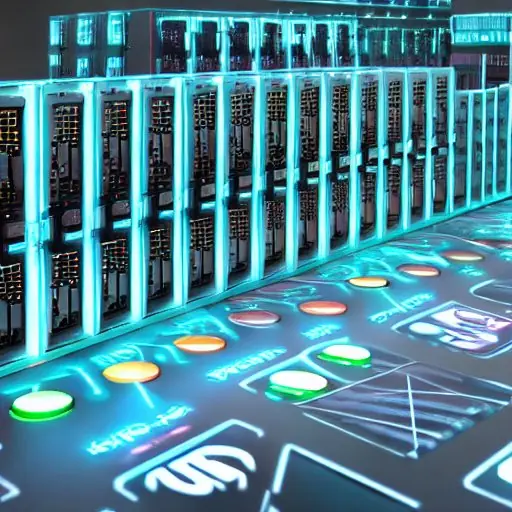Serverrack mit modernen Proxmox-Servern, beleuchtet von LED-Indikatoren, über dem ein schwebendes LXC-Container-Icon steht, umgeben von Codefragmenten und Netzwerkdiagrammen, reflektiert ein Terminalfenster, im Hintergrund ein dunkles, minimalisti…