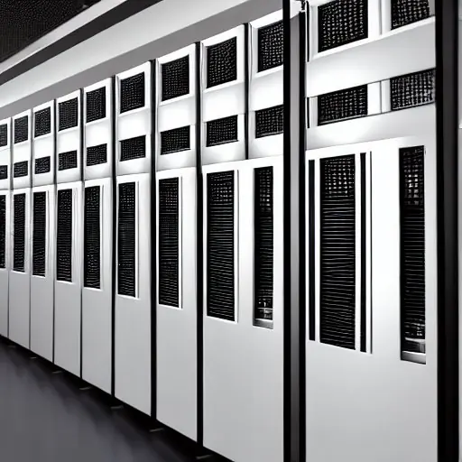 Sicherer Serverraum mit Serverreihen, glänzender RSA-Schlüsselpaarschirm, scharfe Details an Metallflächen, leuchtende Datenströme zwischen den Racks und einem digitalen Gitterhintergrund – ein Bild moderner Kryptosicherheit.