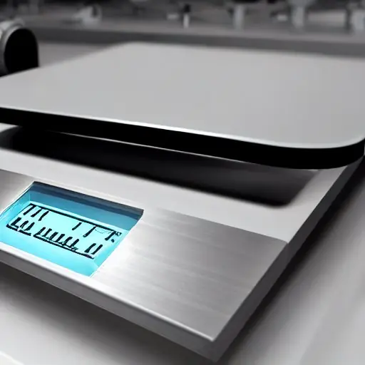Präzisions-Stahlwaage auf weißer Arbeitsplatte mit schwerem Metallobjekt, Kilogramm-Skala in feiner Schrift, unscharfer Laborhintergrund mit Messgeräten.