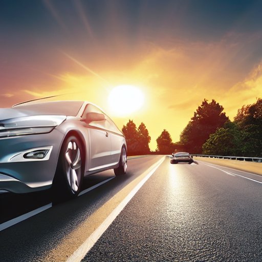 Schnellfahrende silberne Limousine auf einer Autobahn bei Sonnenaufgang, Reifen leicht verschwommen, reflektiertes Sonnenlicht auf den Fenstern, klare blaue Himmel, Bremslichter sichtbar, Fahrer konzentriert.