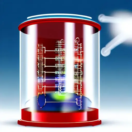 Transparenter Zylinder mit beweglichem Kolben, auf dem Druck- und Temperaturwerte abgebildet sind, umgeben von sich bewegenden Gasmolekülen. Ein digitales Messpanel zeigt Energieerhaltungsgleichungen, während ein Wärmetauscher und ein Farbverlauf …