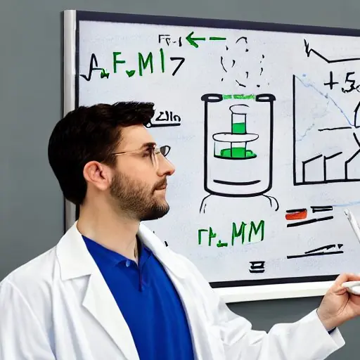 Wissenschaftler im weißen Kittel schreibt F = m · a an ein Whiteboard, umgeben von Diagrammen zu Kraft, Masse und Beschleunigung in einem modernen Labor.
