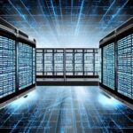 Zentraler Serverrack mit Beschriftung „Active Directory“, umgeben von Netzwerkkabeln, Benutzergeräten und Cloud-Symbolen, während holografische Datenströme zwischen Rack und Wolkenicons fließen; im Hintergrund ein Dämmerungs‑Stadtbild, das die Ver…