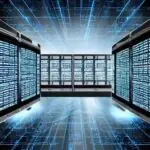 Zentraler Serverrack mit Beschriftung „Active Directory“, umgeben von Netzwerkkabeln, Benutzergeräten und Cloud-Symbolen, während holografische Datenströme zwischen Rack und Wolkenicons fließen; im Hintergrund ein Dämmerungs‑Stadtbild, das die Ver…