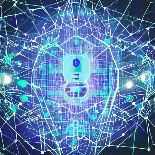 Ein abstraktes Bild zeigt einen blauen digitalen Schild, der ein leuchtendes neuronales Netzwerk vor chaotischen Datenströmen schützt. Im Hintergrund interagieren diverse Personen sicher mit der Technologie, was die Balance zwischen Innovation und…