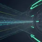 Abstrakte Visualisierung komplexer Datenströme, die in einen zentralen, leuchtenden KI-Kern konvergieren, symbolisiert die Digitalisierung des Unternehmensdenkens.