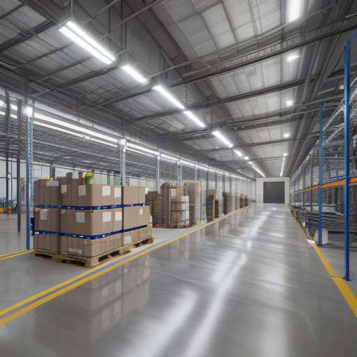 Automatisierte Lagerhalle mit autonomen Fahrzeugen und Roboterarmen, die effizienten Warenfluss und moderne Logistik darstellen.