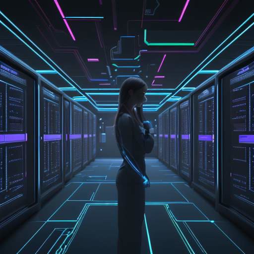 Cinematisches Bild eines sicheren Serverraums mit leuchtenden Kabeln und Hologrammen, das menschliche Überwachung bei KI-Systemen symbolisiert.