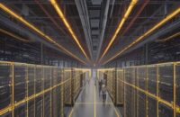 Cinematografischer Blick in ein riesiges Rechenzentrum mit dicht gepackten Servern und einem neuen, modularen Container, der die digitale Infrastruktur modernisiert.