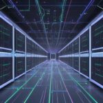 Detaillierte Visualisierung eines riesigen Rechenzentrums mit zahllosen leuchtenden Glasfaserkabeln, die Supercomputer und KI-Beschleuniger verbinden und enormen Datenfluss darstellen.