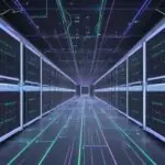 Detaillierte Visualisierung eines riesigen Rechenzentrums mit zahllosen leuchtenden Glasfaserkabeln, die Supercomputer und KI-Beschleuniger verbinden und enormen Datenfluss darstellen.
