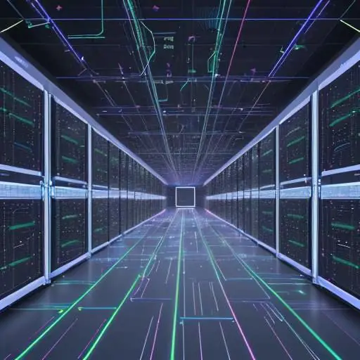 Detaillierte Visualisierung eines riesigen Rechenzentrums mit zahllosen leuchtenden Glasfaserkabeln, die Supercomputer und KI-Beschleuniger verbinden und enormen Datenfluss darstellen.