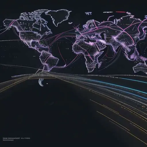 Diese globale Netzwerkkarte verbindet wichtige Tech-Hubs wie San Francisco, London und Tokio mit leuchtenden digitalen Linien. Sie symbolisiert den Datenfluss und die Infrastruktur, die die Entwicklung von KI und die wirtschaftlichen Chancen durch…