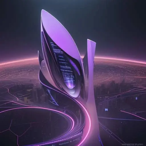 Diese Visualisierung zeigt ein komplexes digitales Ökosystem, das aus neuronalen Netzen entsteht. Futuristische Gebäude und Interaktionen zwischen Menschen und Robotern unterstreichen die transformative Kraft der KI-Finanzierung für die menschlich…