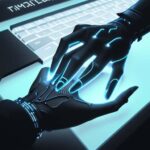 Digitale Datenströme und KI-Vorschläge überlagern eine Hand, die auf einer Tastatur tippt, was die Unterstützung durch einen KI-Copiloten symbolisiert.