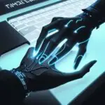 Digitale Datenströme und KI-Vorschläge überlagern eine Hand, die auf einer Tastatur tippt, was die Unterstützung durch einen KI-Copiloten symbolisiert.