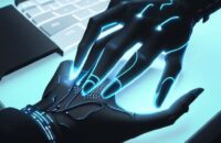 Digitale Datenströme und KI-Vorschläge überlagern eine Hand, die auf einer Tastatur tippt, was die Unterstützung durch einen KI-Copiloten symbolisiert.