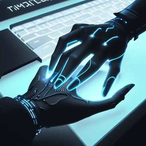 Digitale Datenströme und KI-Vorschläge überlagern eine Hand, die auf einer Tastatur tippt, was die Unterstützung durch einen KI-Copiloten symbolisiert.