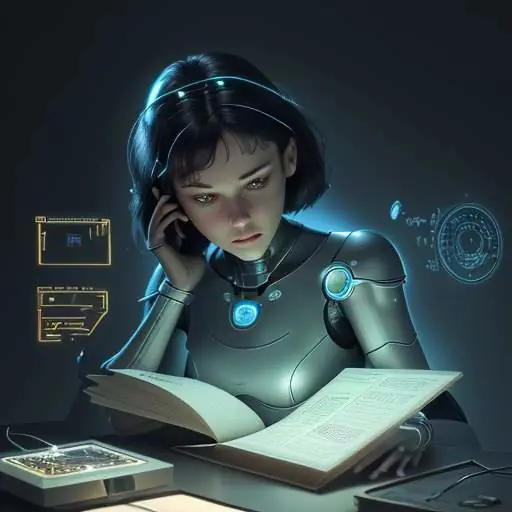 Digitale Waage balanciert ein leuchtendes Buch "Menschliche Ethik" gegen eine komplexe Leiterplatte "Künstliche Intelligenz", symbolisiert das ethische Gleichgewicht von KI.