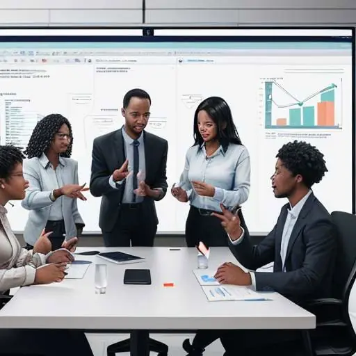 Diverse Fachkräfte arbeiten konzentriert an einem holografischen Interface mit KI-Datenvisualisierungen, was die Synergie von Mensch und Technologie bei der Verbesserung der Mitarbeitererfahrung zeigt.