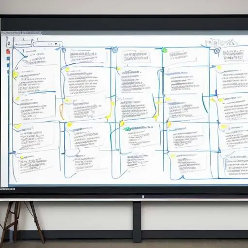 Diverse Fachleute arbeiten zusammen an einem beleuchteten Whiteboard, wo ein KI-Interface Konzepte und Daten visualisiert, was die Mensch-KI-Kollaboration darstellt.