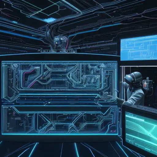 Diverse Ingenieure arbeiten in einer Hightech-Umgebung zusammen und steuern komplexe Systeme mithilfe holografischer Projektionen und Echtzeit-Dashboards.
