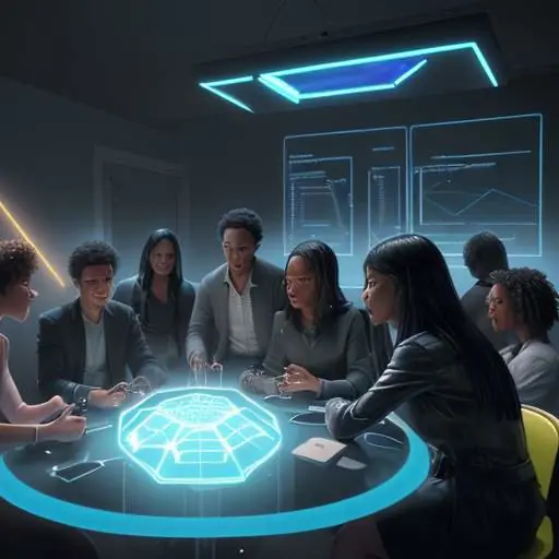 Diverse junge Fachkräfte arbeiten vertrauensvoll an einem Tisch, wobei eine Person eine leuchtende holografische Darstellung von Daten und Code durch AI-Unterstützung visualisiert.
