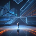 Ein professioneller Händedruck zwischen Vertretern von IBM und ETH Zürich vor futuristischer digitaler Architektur. Blaue und orange Lichtstrahlen symbolisieren Datenströme und Quantenverbindungen, die die Zusammenarbeit der beiden Institutionen d…