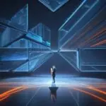 Ein professioneller Händedruck zwischen Vertretern von IBM und ETH Zürich vor futuristischer digitaler Architektur. Blaue und orange Lichtstrahlen symbolisieren Datenströme und Quantenverbindungen, die die Zusammenarbeit der beiden Institutionen d…
