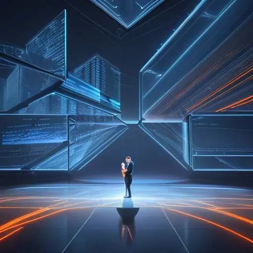 Ein professioneller Händedruck zwischen Vertretern von IBM und ETH Zürich vor futuristischer digitaler Architektur. Blaue und orange Lichtstrahlen symbolisieren Datenströme und Quantenverbindungen, die die Zusammenarbeit der beiden Institutionen d…