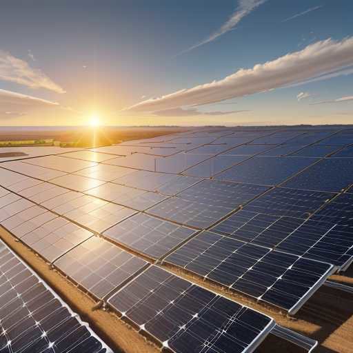 Ein Solarpark neben einem Rechenzentrum bei goldenem Licht symbolisiert die grüne Energie für KI. Im Hintergrund sind Windräder zu sehen, die die nachhaltige Zukunft der Tech-Branche und OpenAis Vorreiterrolle in der grünen Technologie darstellen.