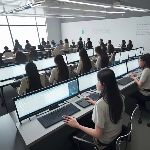 Eine diverse Gruppe von Studierenden und Professoren arbeitet in einem modernen Computertechnologie-Labor an Tablets und Laptops. Die Szene zeigt internationale Zusammenarbeit, Code und Datenvisualisierungen bei hellem Tageslicht, was die globale …