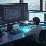 Entwickler interagiert mit holografischer Code-Oberfläche, was die nahtlose Zusammenarbeit zwischen menschlicher Kreativität und KI-gestützter Entwicklung symbolisiert.