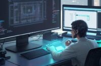 Entwickler interagiert mit holografischer Code-Oberfläche, was die nahtlose Zusammenarbeit zwischen menschlicher Kreativität und KI-gestützter Entwicklung symbolisiert.