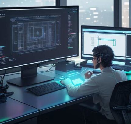 Entwickler interagiert mit holografischer Code-Oberfläche, was die nahtlose Zusammenarbeit zwischen menschlicher Kreativität und KI-gestützter Entwicklung symbolisiert.