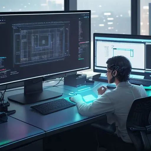 Entwickler interagiert mit holografischer Code-Oberfläche, was die nahtlose Zusammenarbeit zwischen menschlicher Kreativität und KI-gestützter Entwicklung symbolisiert.