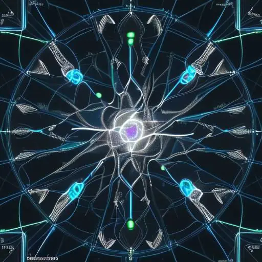 Forscher in einem modernen Labor analysieren auf einem Monitor komplexe neuronale Netzwerke und leuchtende Knoten, die KI-Modelle und Algorithmen zur Verbesserung menschlicher Anwendungen darstellen.