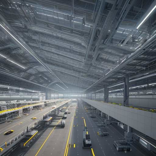 Futuristischer Smart Factory Boden mit koordinierten Roboterarmen und AGVs um einen zentralen Datenhub. Visualisiert nahtlose, intelligente Produktion und Kreislaufwirtschaft.