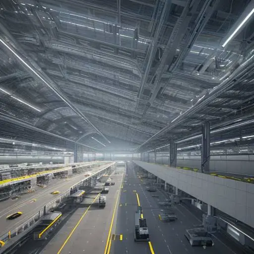 Futuristischer Smart Factory Boden mit koordinierten Roboterarmen und AGVs um einen zentralen Datenhub. Visualisiert nahtlose, intelligente Produktion und Kreislaufwirtschaft.