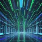 Futuristisches, blau-grün beleuchtetes Rechenzentrum, das die enorme Skalierung von Cloud-Infrastruktur und globale Datenverbindungen symbolisiert.